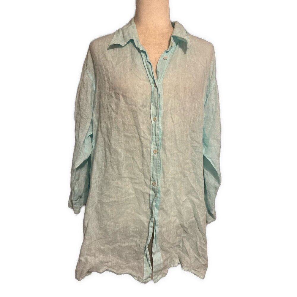 Escada Sport Solid Light Blue Button Down Long Sleeve 100% Linen Top 46 Xl